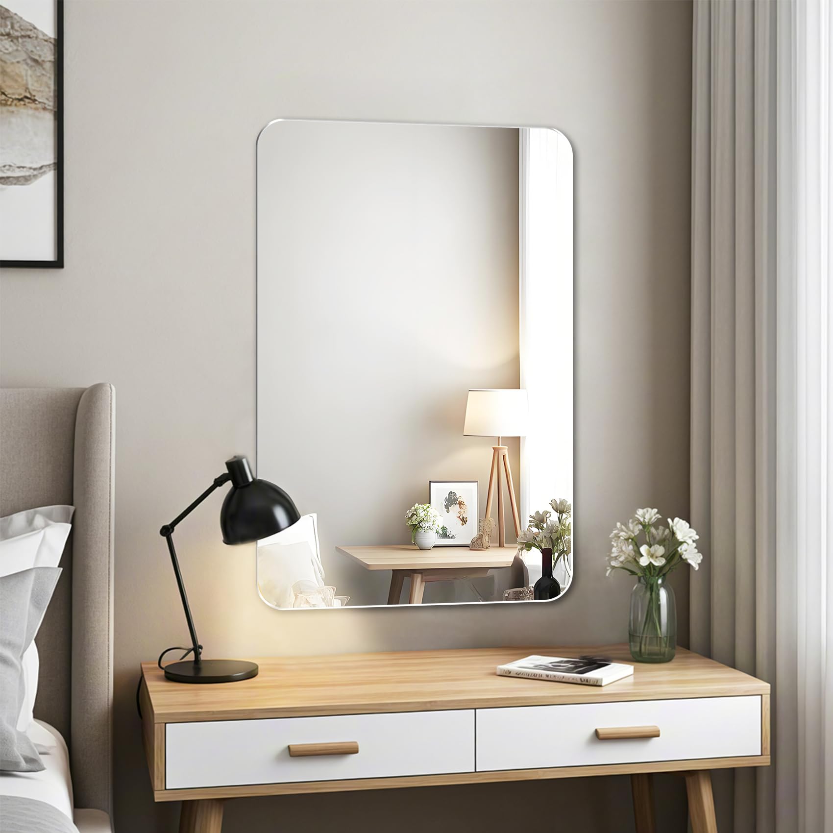 Specchio da parete rettangolare, 40 x 60 cm, senza cornice, specchio da bagno, riflesso HD, angoli arrotondati, specchio decorativo per bagno, camera da letto, soggiorno, corridoio