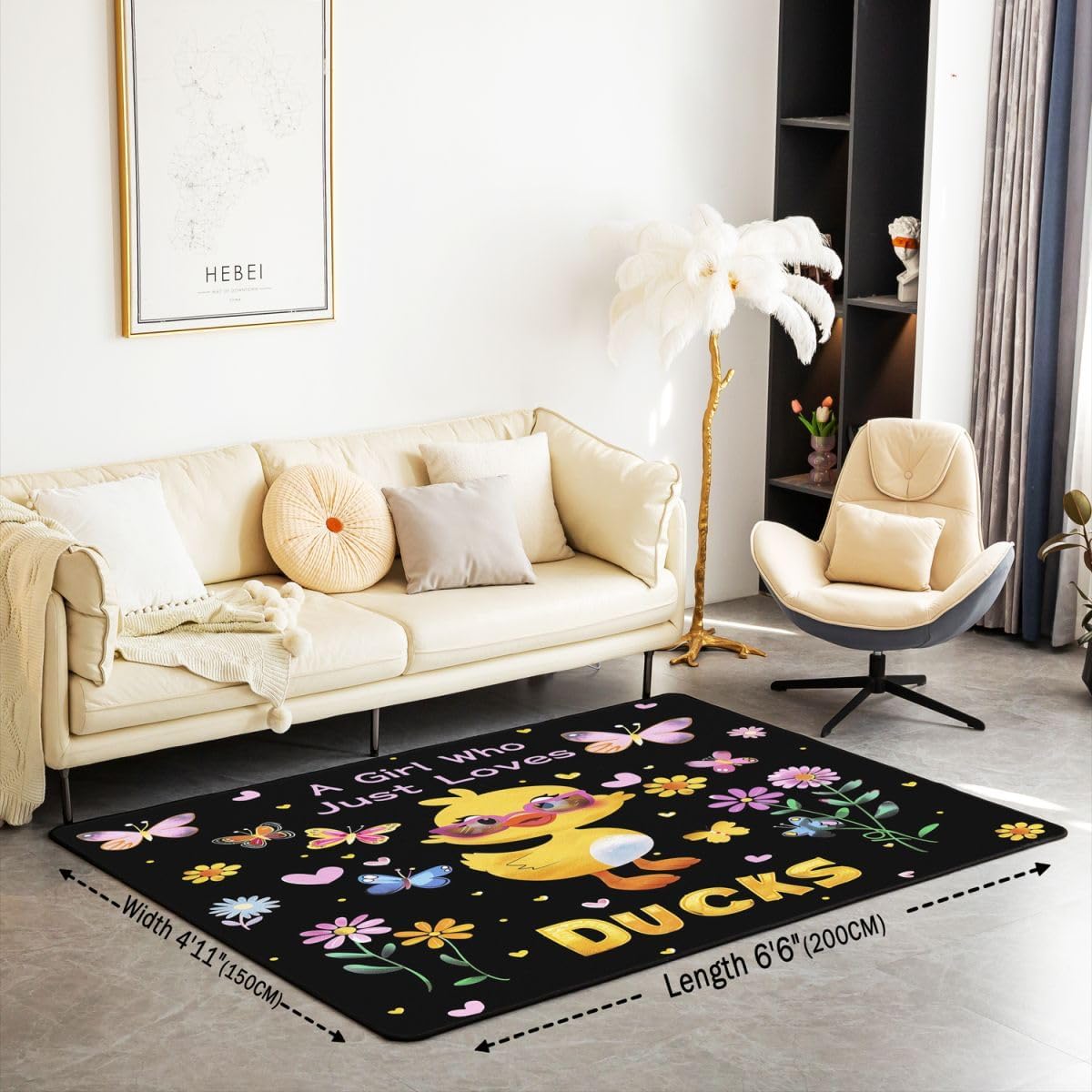 Erosebridal Kawaii Duck Living Room Rugs for Girls Kids for Duck Lovers Area Rug 5 x 7, Country Floral Butterfly Washable Rug, Funny Pet Ducks Carpet Indoor Floor Mat Bedroom Decor