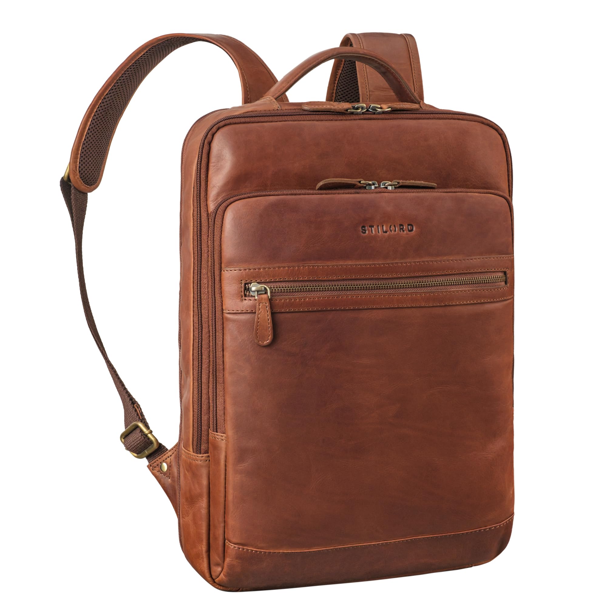 STILORD Banks Mochila Portatil 15.6 Pulgadas Cuero para Hombre y Mujer Laptop Backpack Mochila Grande Viaje Trabajo Escolar de Cuero Genuino Color:Cognac-marrón