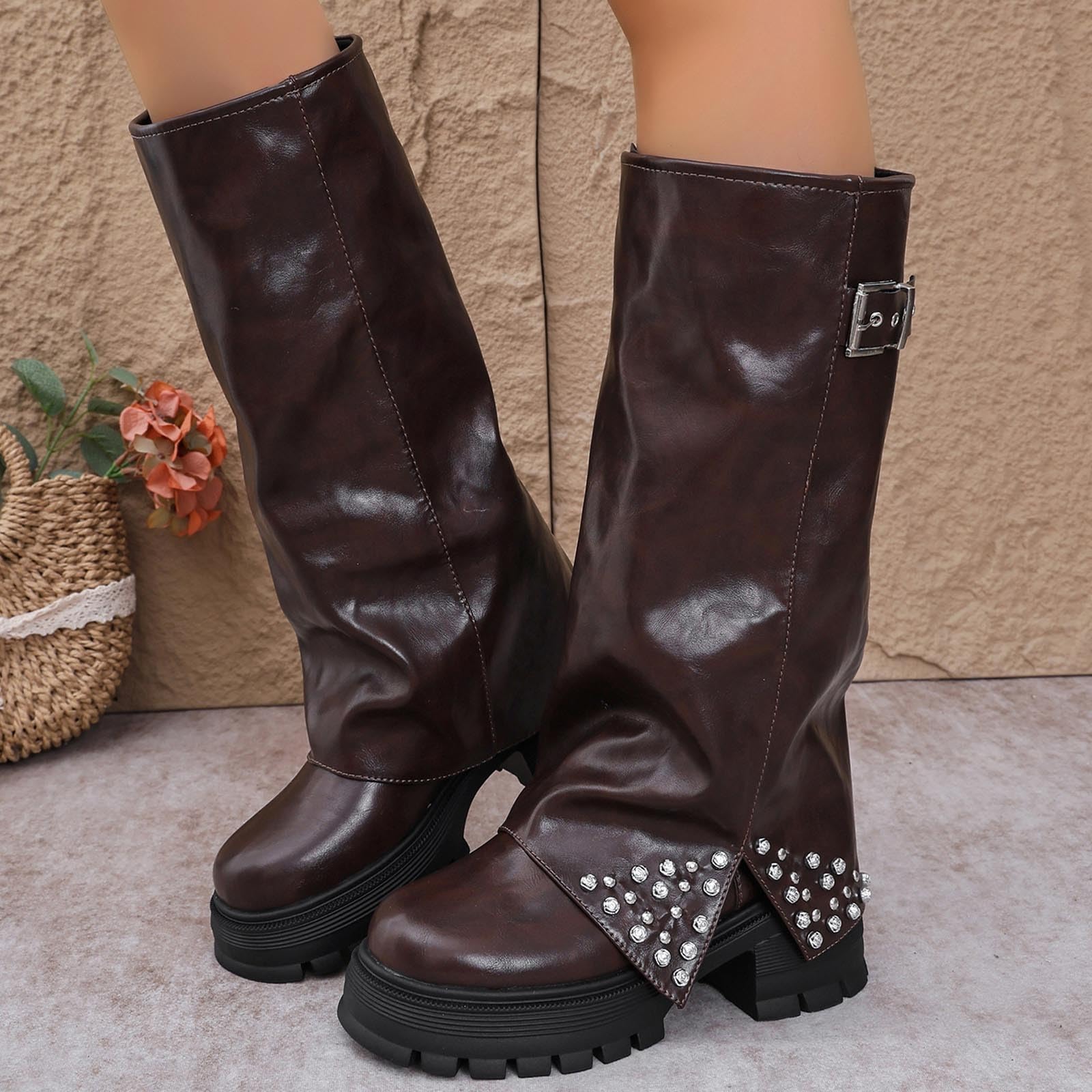 Botas por Encima de la Rodilla Botas de Media caña con tacón Grueso, Hebilla Lateral, Punta Redonda y cómodas, Ideales para otoño e Invierno.