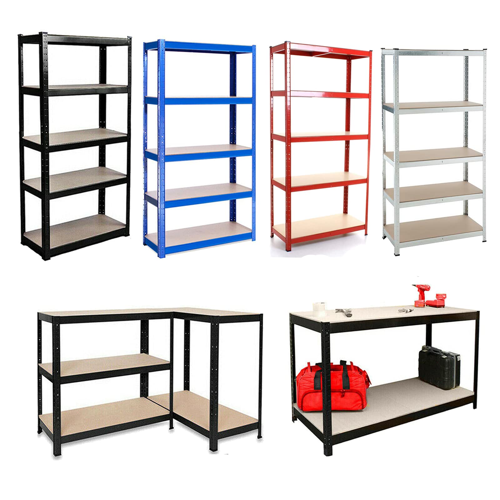 DayPlus Shelving Unit for Garage Shed Storage, 5 Tier Shelf Unit, Boltless Racking, Free Standing Work Bench, Heavy Duty Metal and MDF Shelves, 875kg Capacity (Large, Blue)