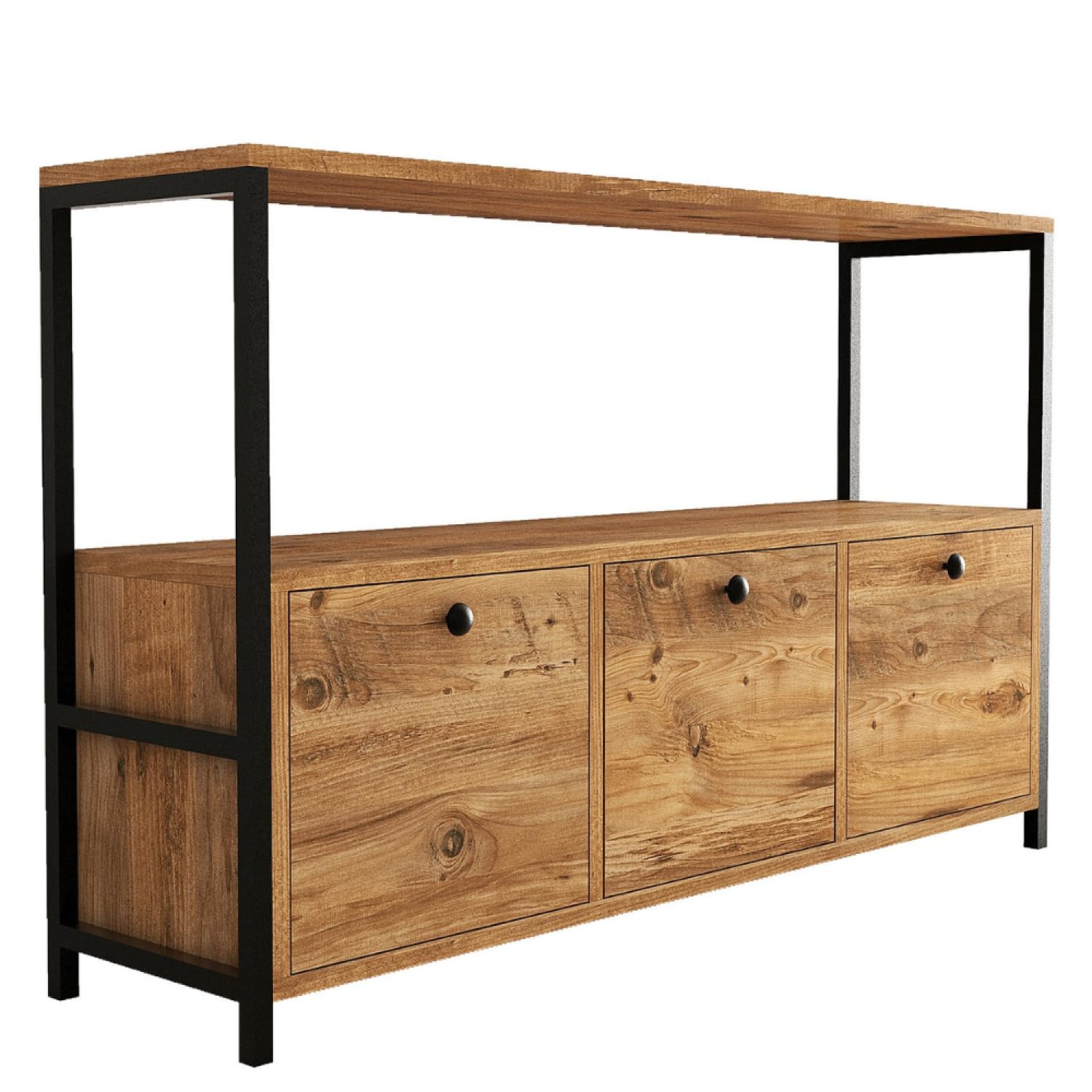 CONCEPTO FÁBRICA | FERO - Aparador industrial de 3 puertas | Madera y metal negro | 120 x 30 x 75 cm | Gran espacio de almacenamiento con estante | Diseño moderno y funcional | Montaje fácil
