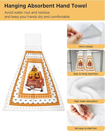 Miniatura 2 de Fall Kitchen Hand Towels Vintage Truck With Cute Pumpkin Hanging Kitchen Towels Ghost Orange Plaid Hanging Dish Towels Fall Hand Tie Towels Set 2