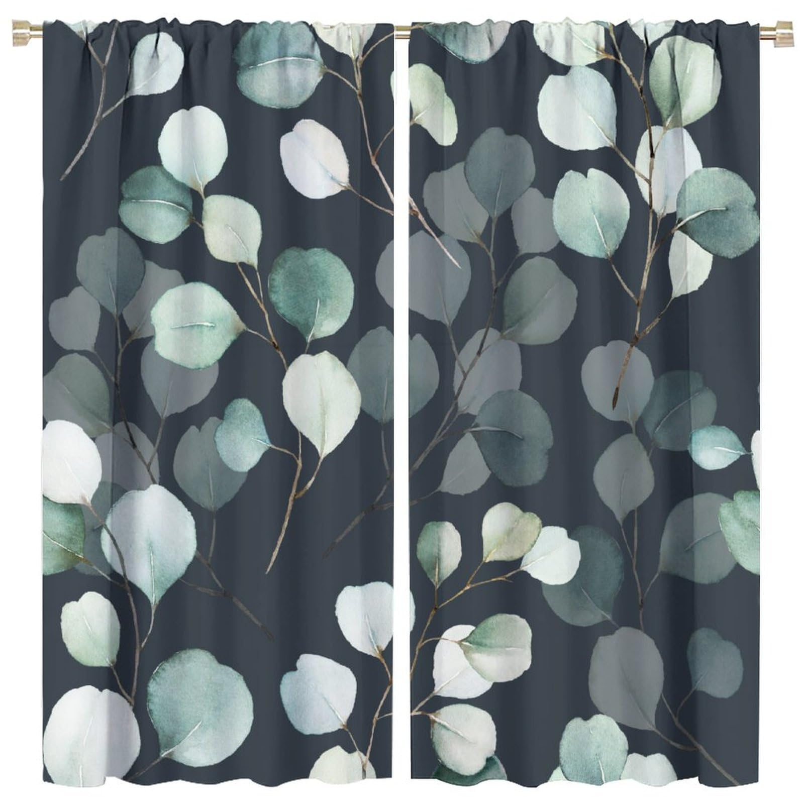 Eucalyptus Curtains Nature Botanical Green Leaves Pattern Black Background Blackout Print Rod Pocket Window Drapes for Bedroom Living Room 84x84in