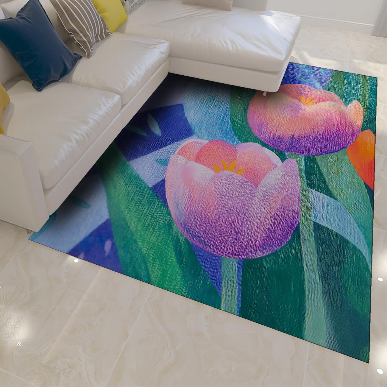 Tapis salon 140x200cm ultra doux texture fine et motif floral abstrait haut de gamme