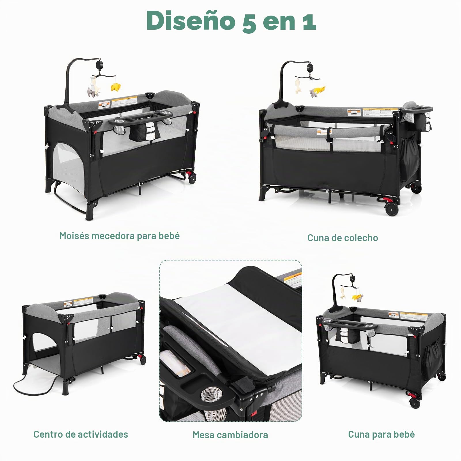 LIFEZEAL Cuna Cama para Bebé con Colchón, Cama Plegable para Bebé con Cambiador y Juguetes, Cuna de Viaje de Tejido Oxford con 2 Niveles, Altura Ajustable (Negro.)