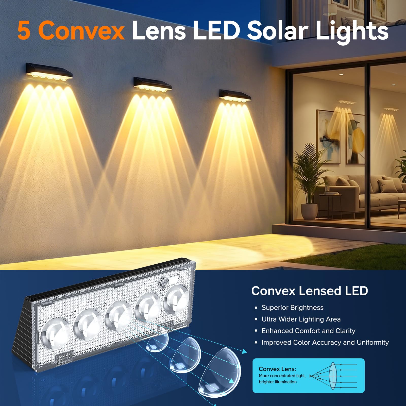 GEARLITE Lámpara de pared solar para exteriores, 6 unidades de lámparas solares para exterior jardín, IP65, resistente al agua, 5 luces LED brillantes solares para exteriores, pared, vallas, balcón