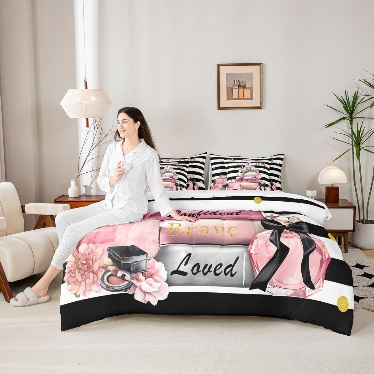 Erosebridal Pink Fashion Comforter Set with Sheets King for Girls Girly Modern Inspirational Quotes Women Abstract Black White Stripes Bed in a Bag Books Floral Perfume Makeup 7 Piece Bedding Set