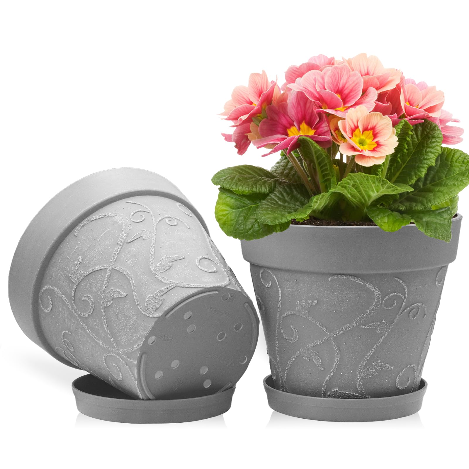 ZMTECH 25 cm Pots avec Soucoupes et Trous de Drainage, Pot de Plante Plastique Aspect Terre Cuite, Pot de Fleur Grand avec Plateau pour Plantes d'Intérieur Extérieur (Gris, Lot de 2)