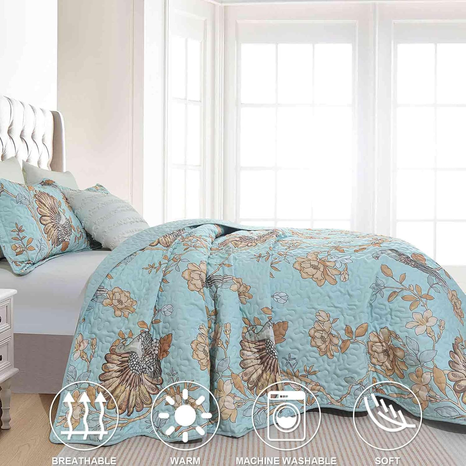 Nanko Quilt Set Queen Size 3pc, Teal Blue Yellow Floral Bird Oversized Scallop Bedspreads, Soft Lightweight Coverlet Bed Spreads Farmhouse Thin Quilted Comforter Vintage Bedding Set Women Men 90x96 In