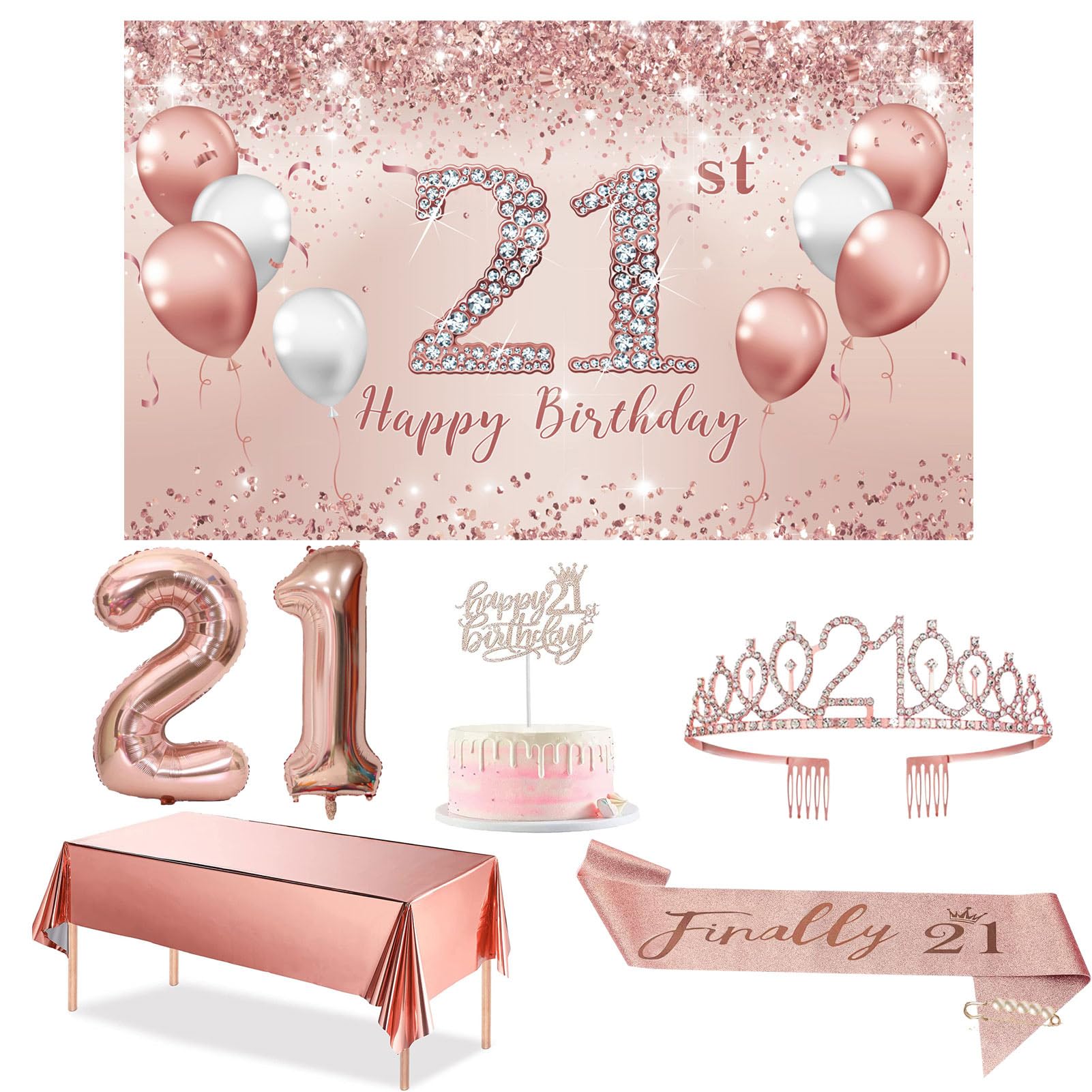 Trgowaul21st Birthday Decorations for her, Rose Gold 21 Birthday Banner, Tablecloth, 21st Birthday Sash and Crown, 1PC 21st Cake Topper, Pink 21 Number Balloons Happy 21 Birthday Decorations Women