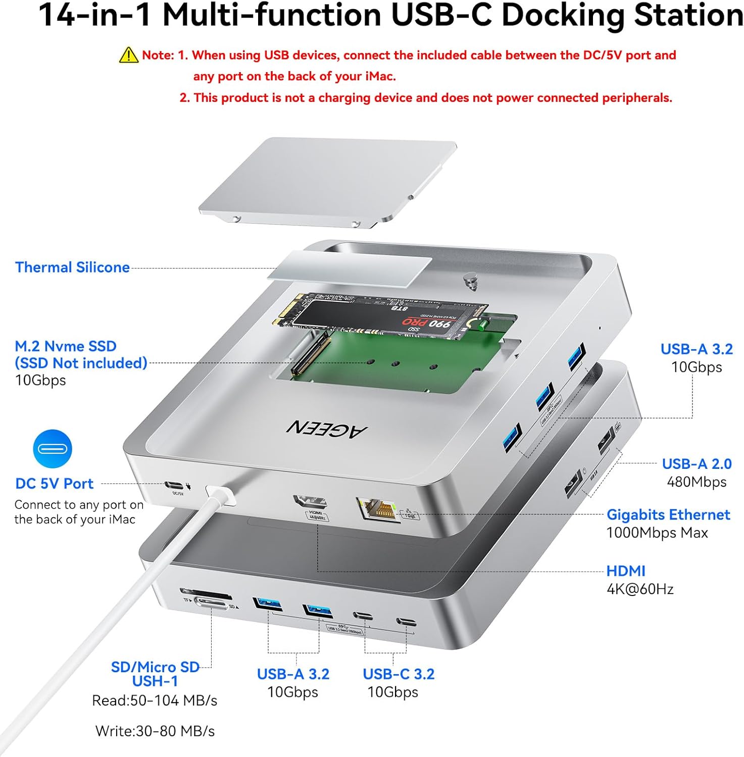 AGEEN 14-Port Upgraded 10Gbps USB Hub for iMac 24 inch 2021/2023/2024 M1/M3/M4, iMac Accessories with 5 USB-A 3.2, 2 USB-C 3.2, 4K@60Hz HDMI, Gigabit Ethernet, SD/TF, SSD Enclosure(SSD Not Included)