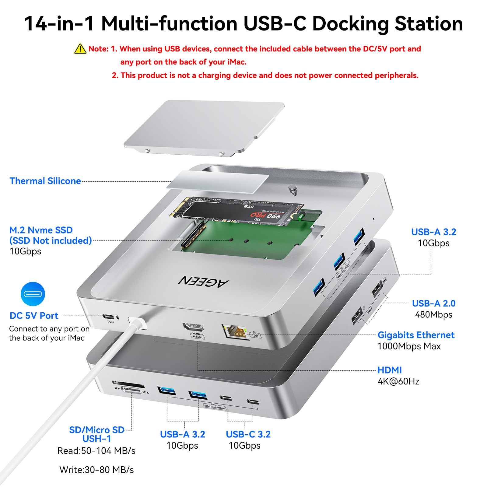 AGEEN Hub USB mejorado de 10 Gbps de 14 puertos para iMac de 24 pulgadas 2021/2023/2024 M1/M3/M4, accesorios iMac con 5 USB-A 3.2, 2 USB-C 3.2, HDMI 4K a 60Hz, Gigabit Ethernet, SD/TF, carcasa SSD