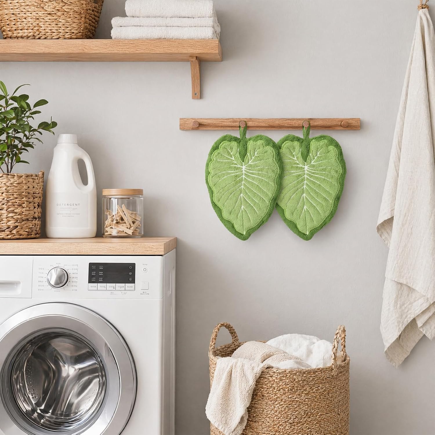 Hand Towels with Hanging Loops, 2 Pack Cute Hand Towels, Leaf-Shaped Towels for Bathroom Sink Decor with S Hooks, Green Kitchen Towels