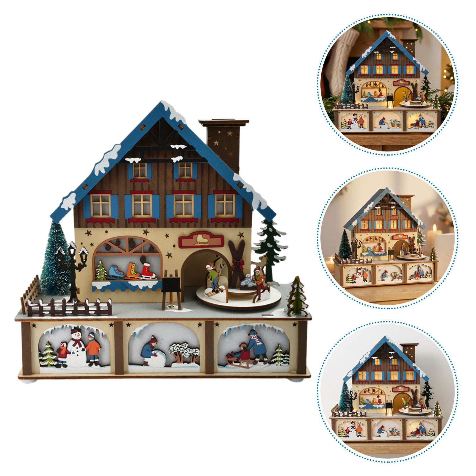 Figura Decorativa de Madera para Navidad con Luz Cálida Azul, Artesanía Fina para Pueblo Navideño Interior en Temporada de Invierno