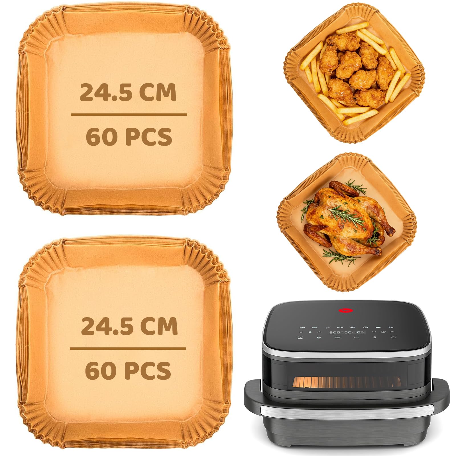 120 Unidades Papel Air Fryer Cuadrado para Moulinex Easy Fry Xl Surface, 24.5cm Papel Para Freidora de Aire para Tefal Easy Fry Xl Surface, Desechable Recipiente Air Fryer Accesorios