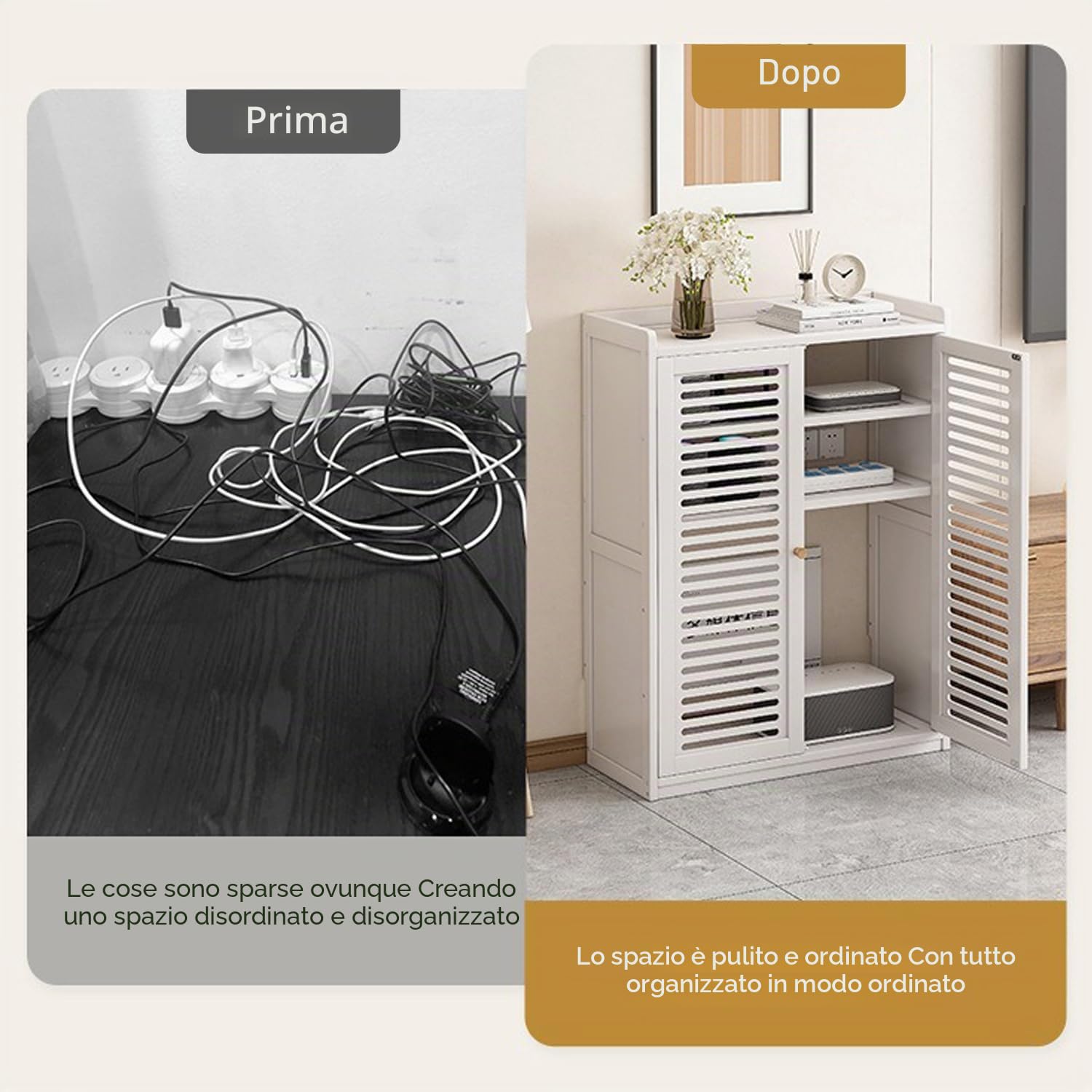 Armadio Porta Router WiFi in bambù con Ripiani Regolabili Armadio Multifunzionale Indipendente con 2 Ante Scatola Nascosta per Router WiFi per Camera Soggiorno E Uffici,Bianca,59 * 25 * 82cm
