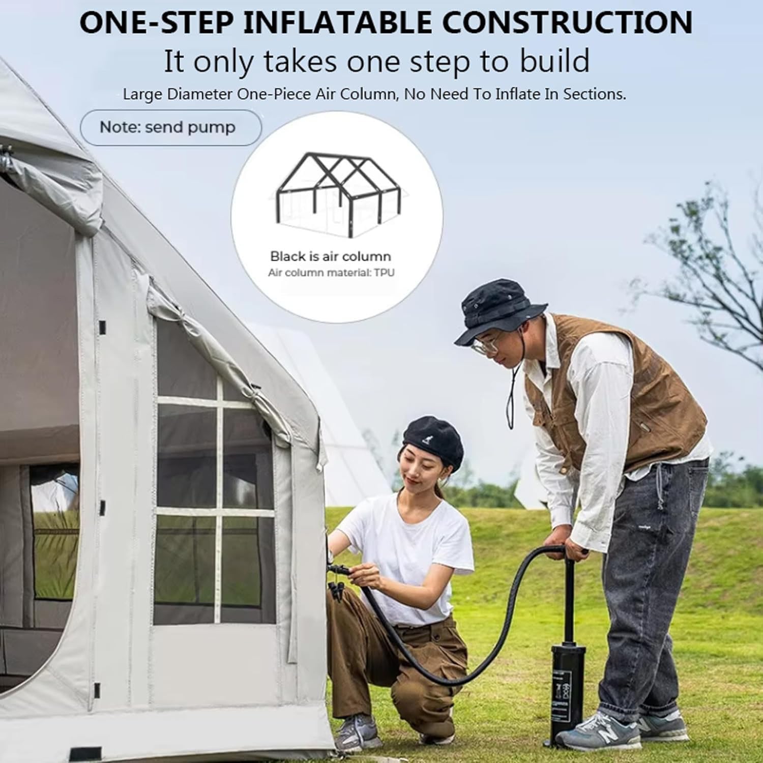 Tente gonflable pour 8 personnes, installation rapide, tente de camping d'extérieur avec cheminée et lucarne, grande tente familiale