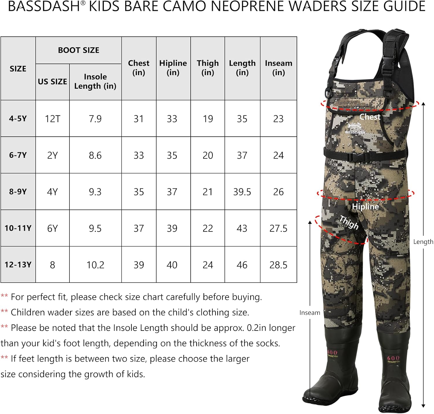 BASSDASH Kids Neoprene Chest Waders Bare Camo for Fishing Hunting with 600g Insulated Rubber Boot Foot for Children Youth