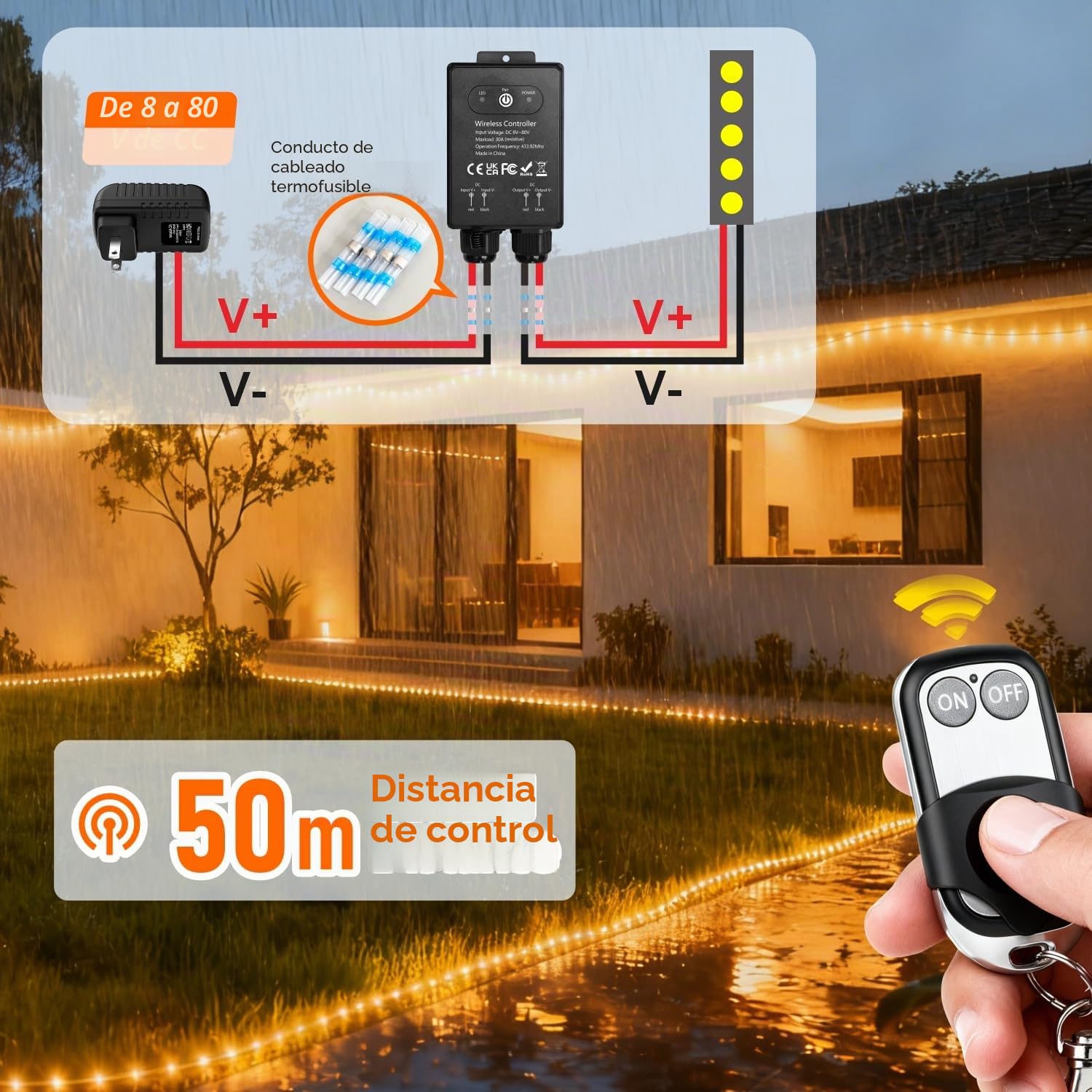 Interruptor con mando a distancia impermeable, 12V/24V/72V CC, Interruptor inalámbrico, Relé de 30A con alcance largo de 50m, para lámparas, ventiladores de techo y aparatos eléctricos, zonas húmedas