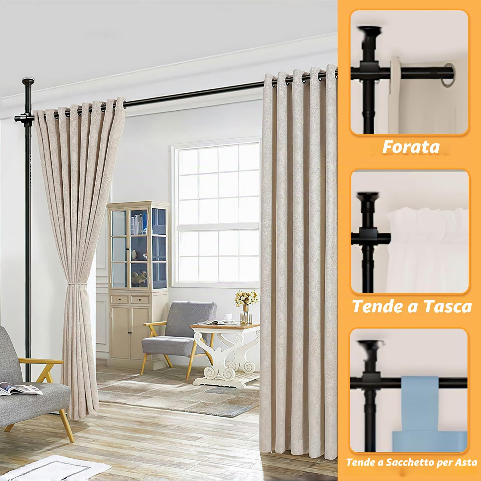 separè per interni, Regolabile asta per tende da pavimento, Separe Divisorio Interno, 122-305 cm * 71-180 cm, Bastoni per tende divisori senza tenda, per soggiorno e camera da letto - nero