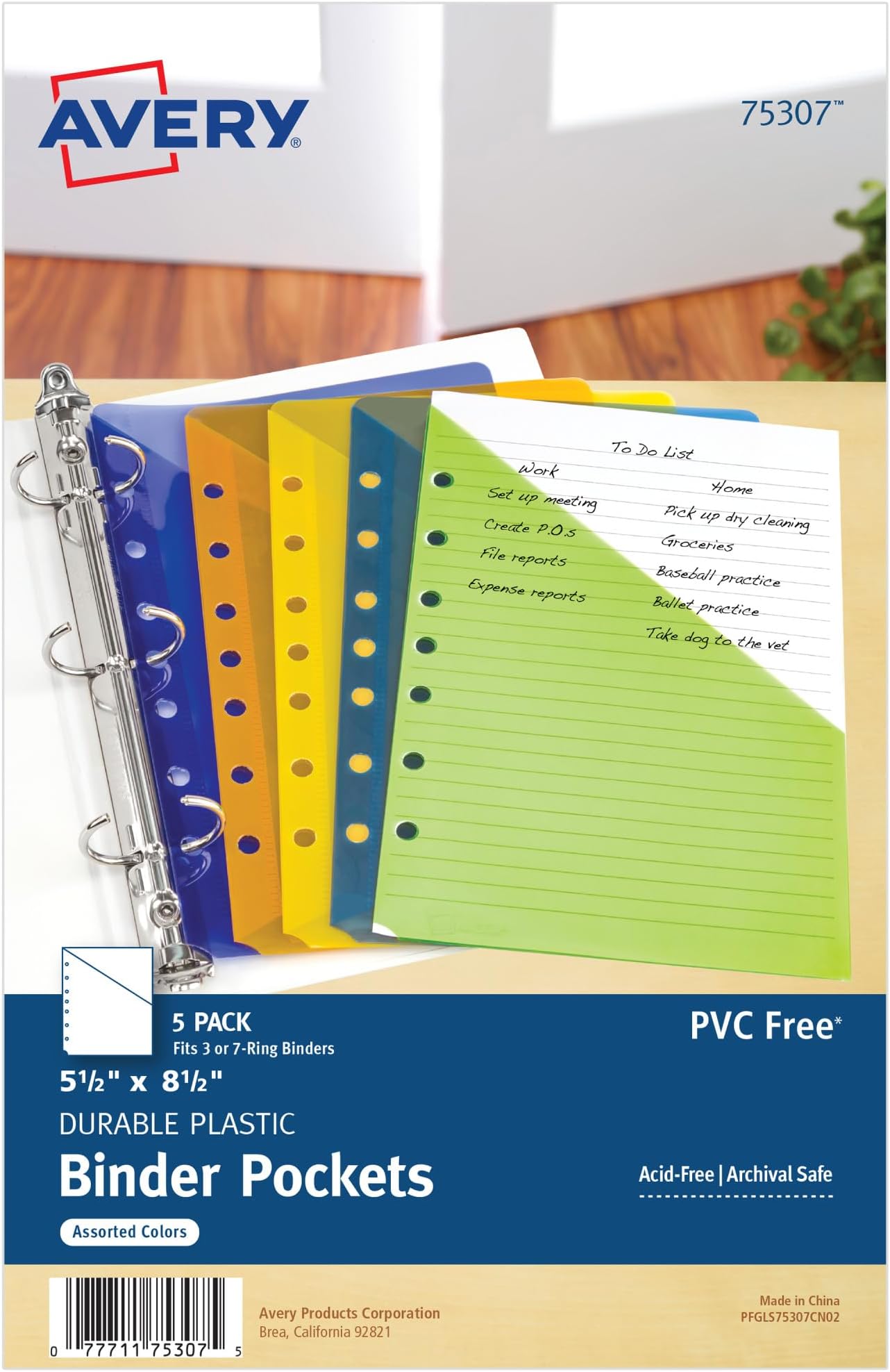 Mini Binder Pockets, Fits 3-Ring and 7-Ring Binders, Assorted, Pack of 5 (75307)