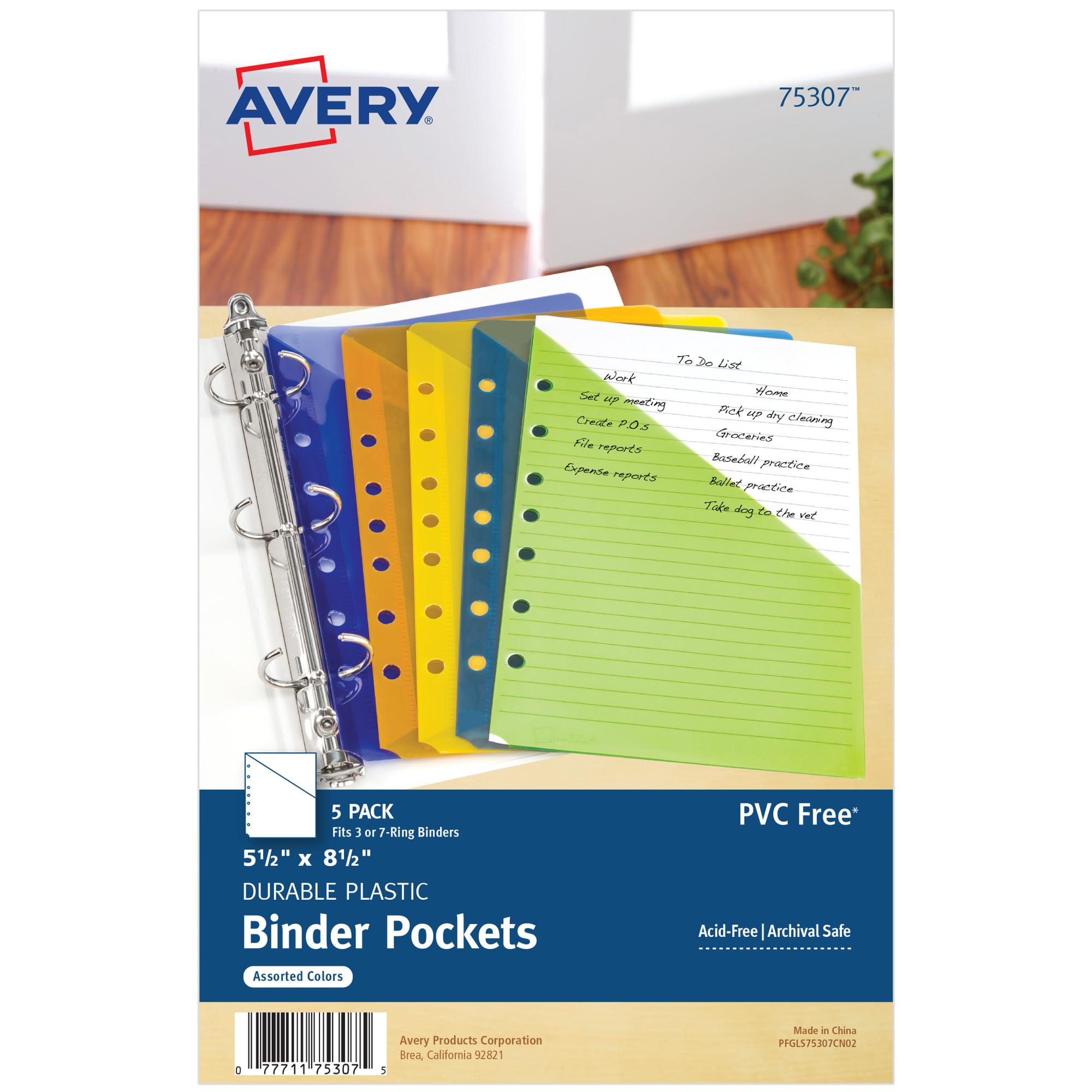 Avery Mini Binder Pockets for 3 Ring Binders and 7 Ring Binders, Assorted Colors, for 5.5" x 8.5" Documents, Acid-Free and Archival-Safe, 5 Binder Folders Total (75307)