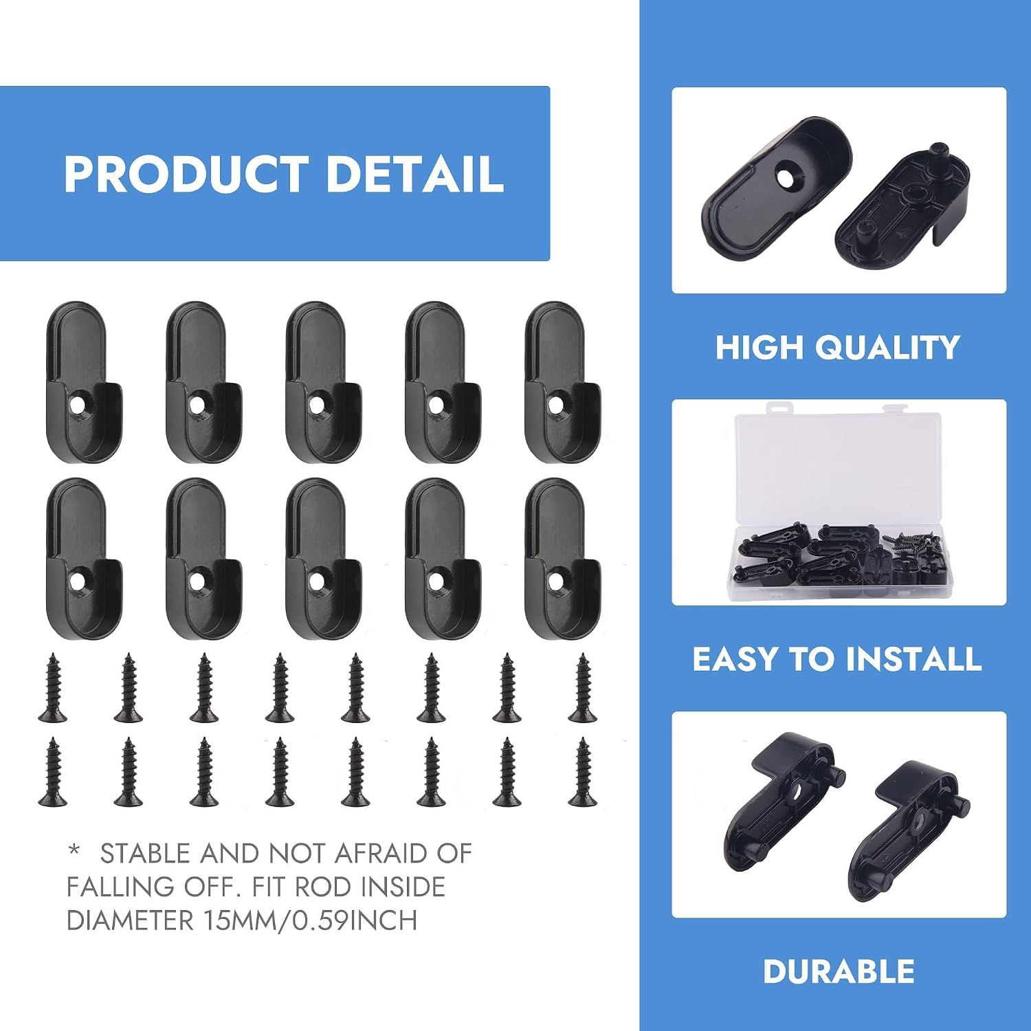 10 Pcs Heavy Duty Closet Rod Bracket, Black Metal Oval Closet Rod End Supports, Zinc Alloy Closet Bar Support Holders for Wardrobe Pipe Flange with M4 Screws