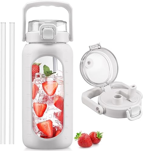 Miniatura 31 de BLUEGO Botella de agua de vidrio de 32 onzas con asa y pajita Botella de vidrio deportiva a prueba de fugas con marcador de tiempo y funda de Oliva