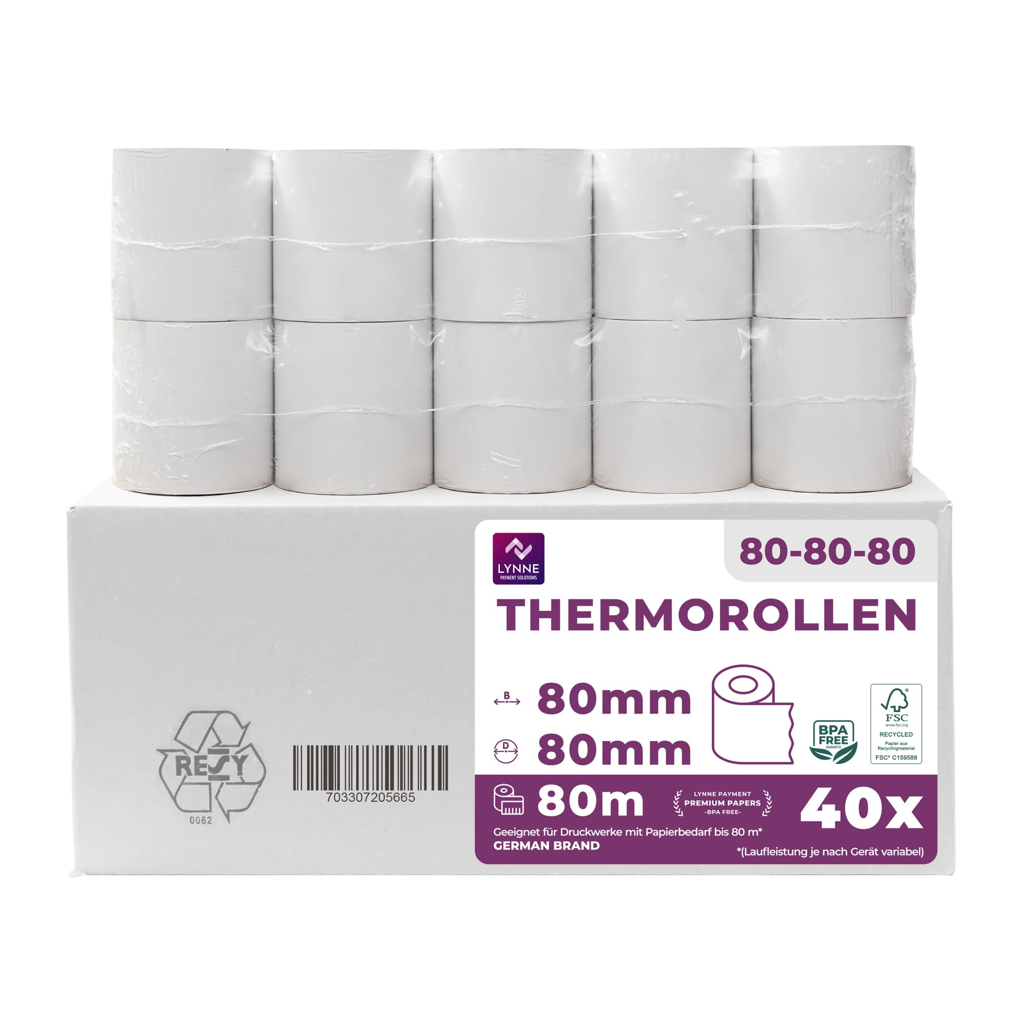 LYNNE - Rollos Papel Termico 80x80 para Impresora de Tickets - Para caja registradora con impresora de recibos - Papel impresora Termica 80x80x12 - Rollo Papel térmico 80mm x 80mm x 80m - [40x]
