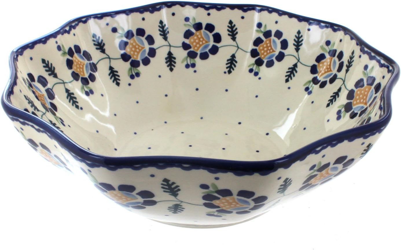 Blue Rose Polish Pottery - Yellow Sunshine Grotto Medium Decagonal Bowl - 10.5" Diameter - Beautiful Serving Bowl for Special Occasions, Dinner Parties, Or Everyday Dining