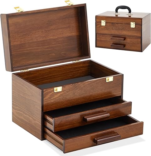 Weysat Mini caja de herramientas de madera de 14 pulgadas con 2 cajones y almacenamiento superior, baúl de herramientas pequeño portátil con