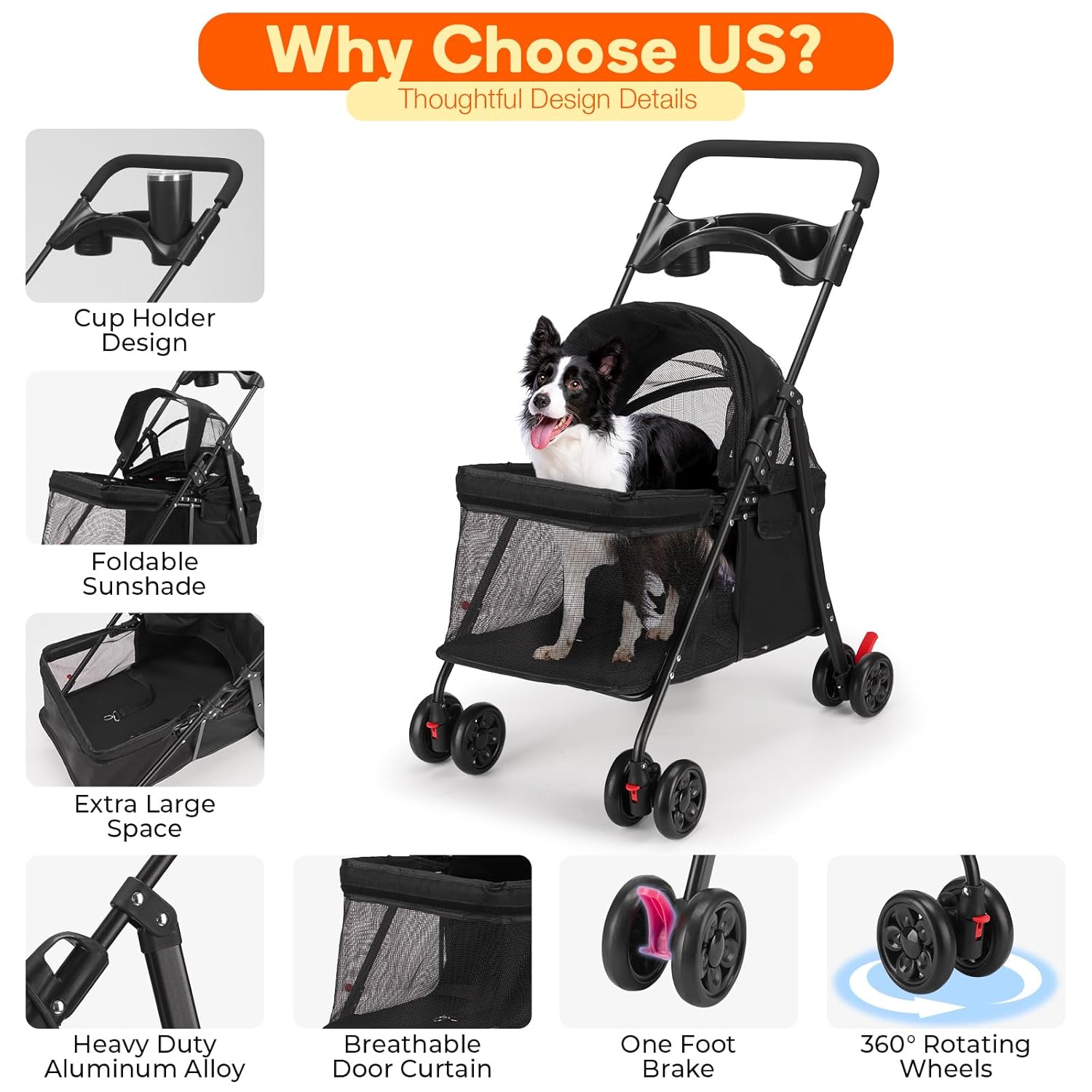 Foldable Pet Stroller for Small/Medium Dogs & Cats up to 22 lbs - Lightweight 4-Wheel Design with Sun Canopy, Storage Basket & Breathable Mesh Windows（Black