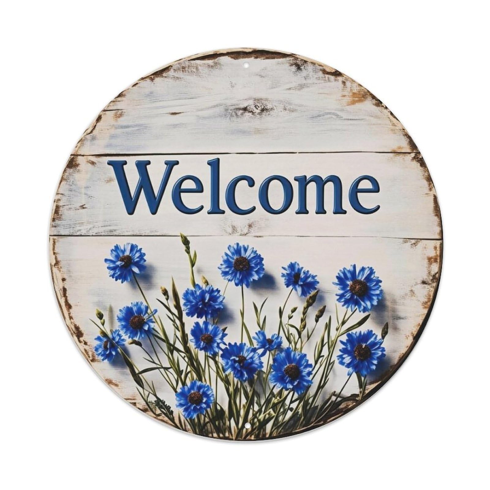 Welcome Sign With Blue Flowers Metal Tin Sign