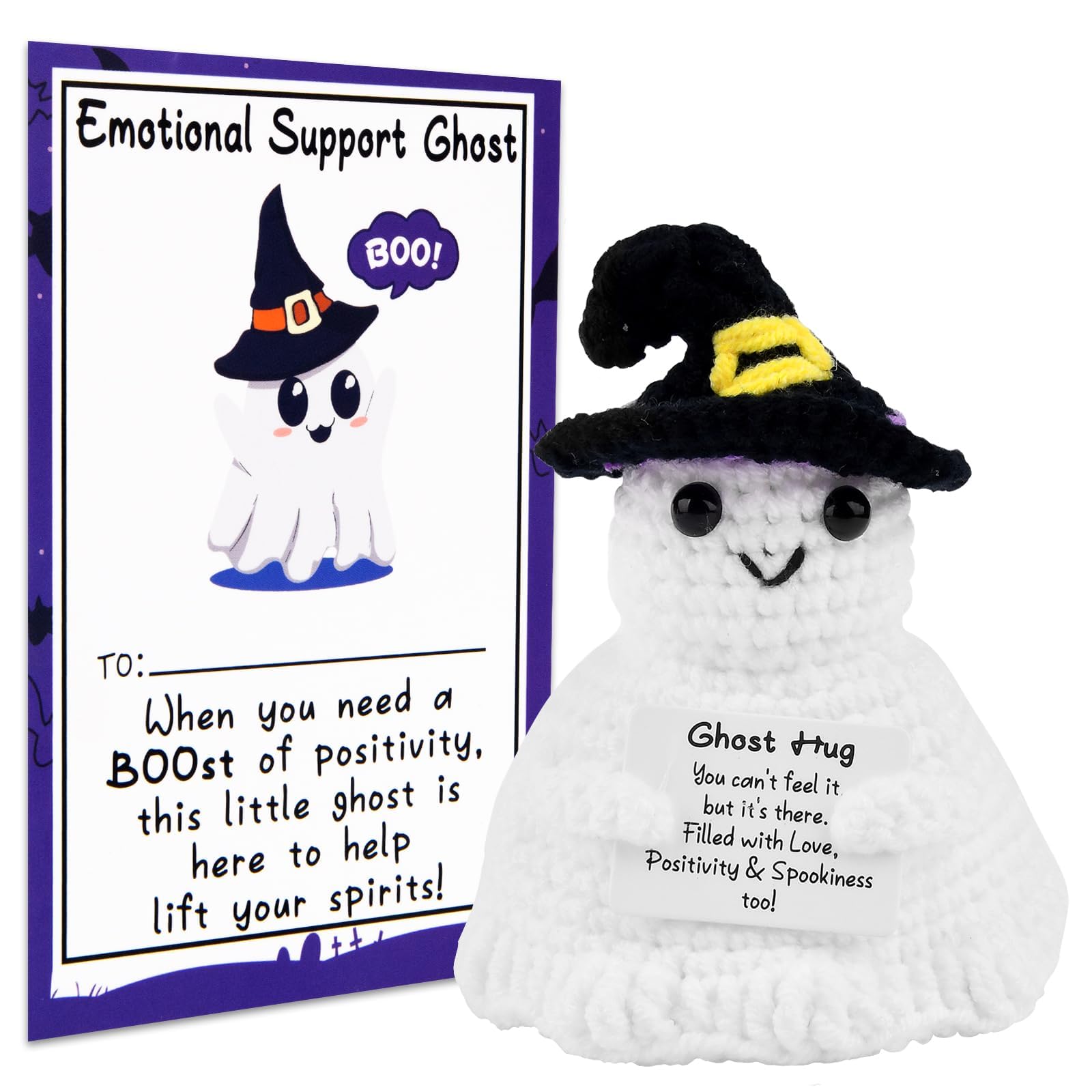 Positive Ghost, Gifts for Women Men, Stocking Fillers for Kids, Cute Funny Crochet Doll, Positive Crochet Animals, Pocket Hug
