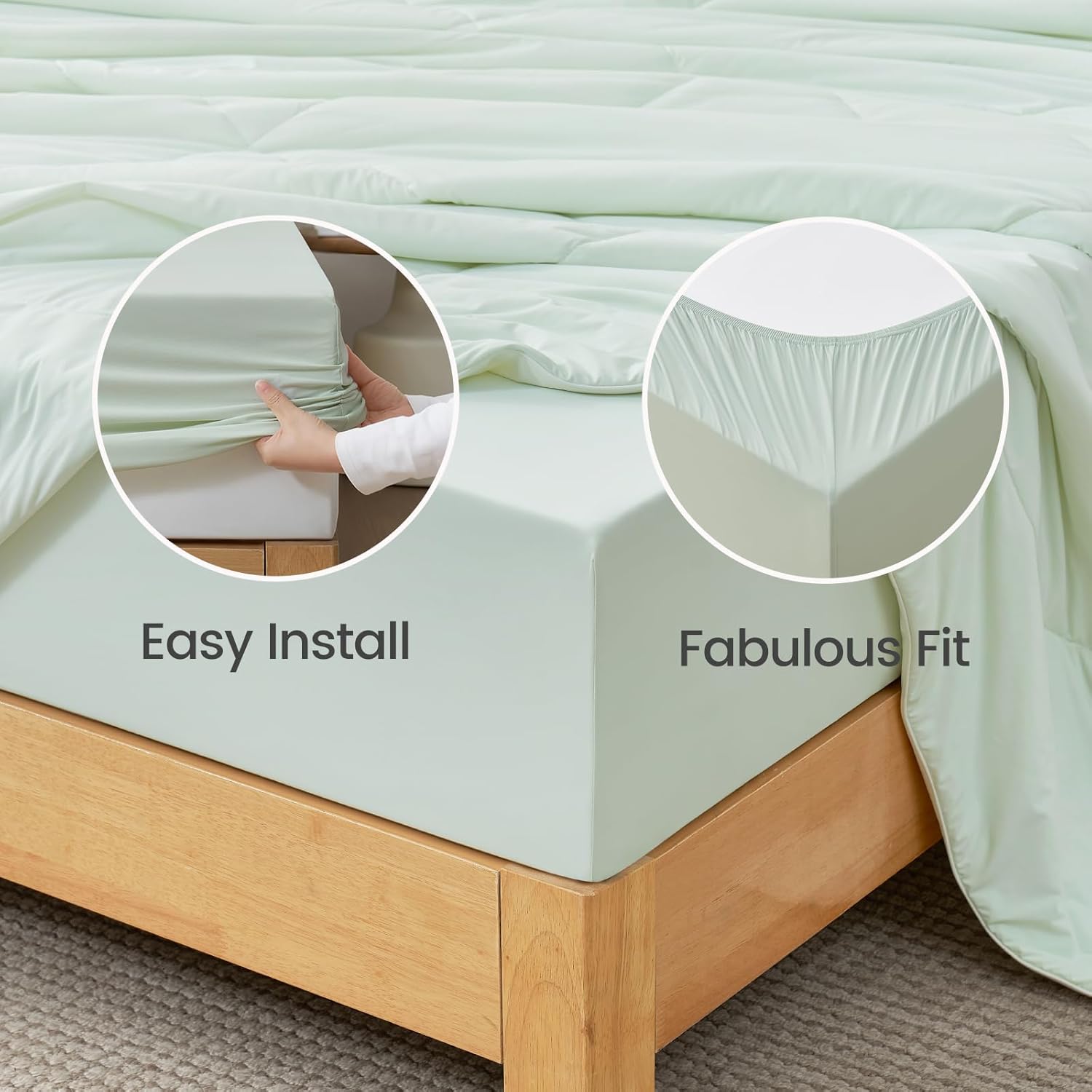 Cozy Bliss Premium Cooling Sheet Set Queen Size, Q-Max>0.4, 3PCS No Flat Sheet with 2 Pillowcases, Breathable Fitted Sheet for Hot Sleepers & Night Sweats, Deep Pocket Up to 18 Inches, Mint Green - Image 7