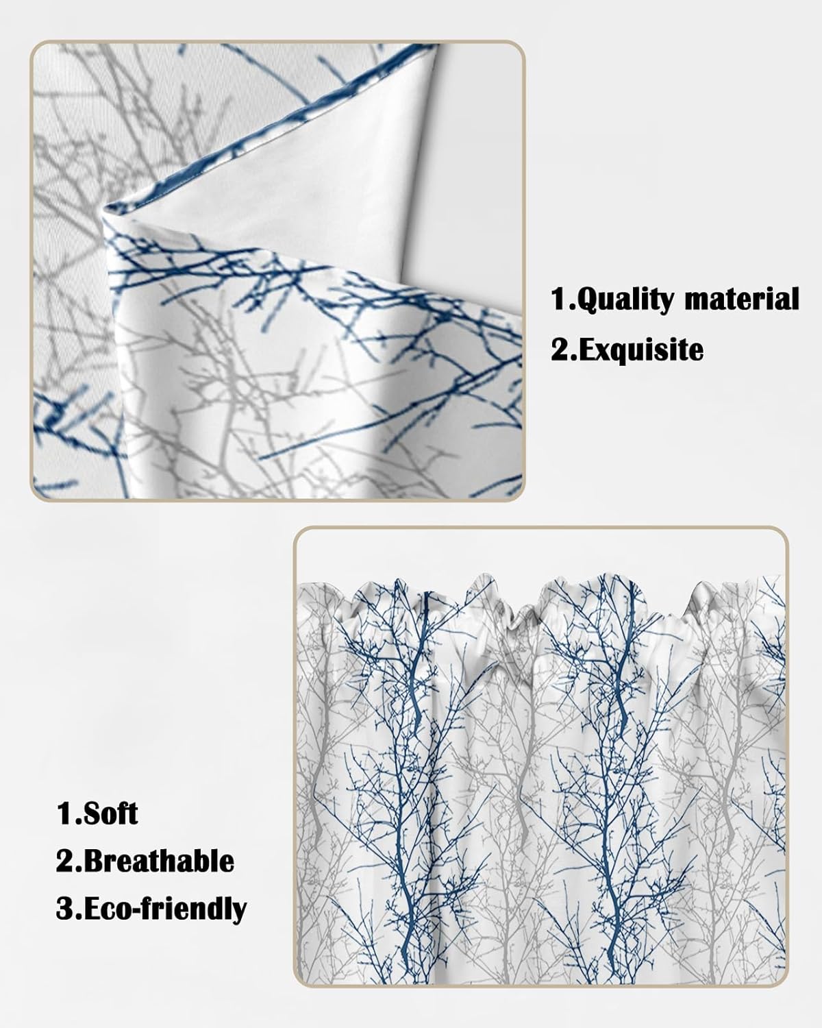 Navy Blue Grey Branch Swag Valances for Windows 2 Pack, Kitchen Window Curtains 36 Inch Length, Spring Summer Pastoral Botanical Privacy Swag Curtains for Living Room/Bathroom with Rod Pocket 36"x36"