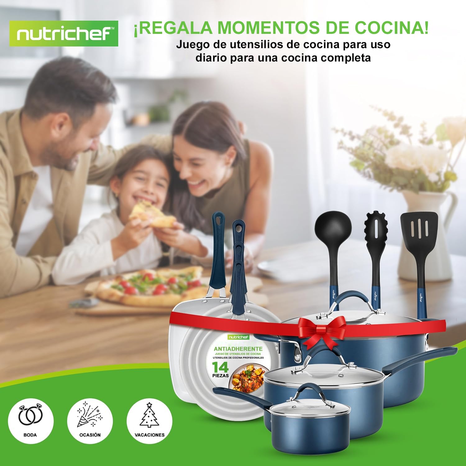 Nutrichef carote 14 piezas, Set de sartenes, Juego de ollas, Tapas, Utensilios, Antiadherentes, Libres de PFOA/PFOS, Color azul