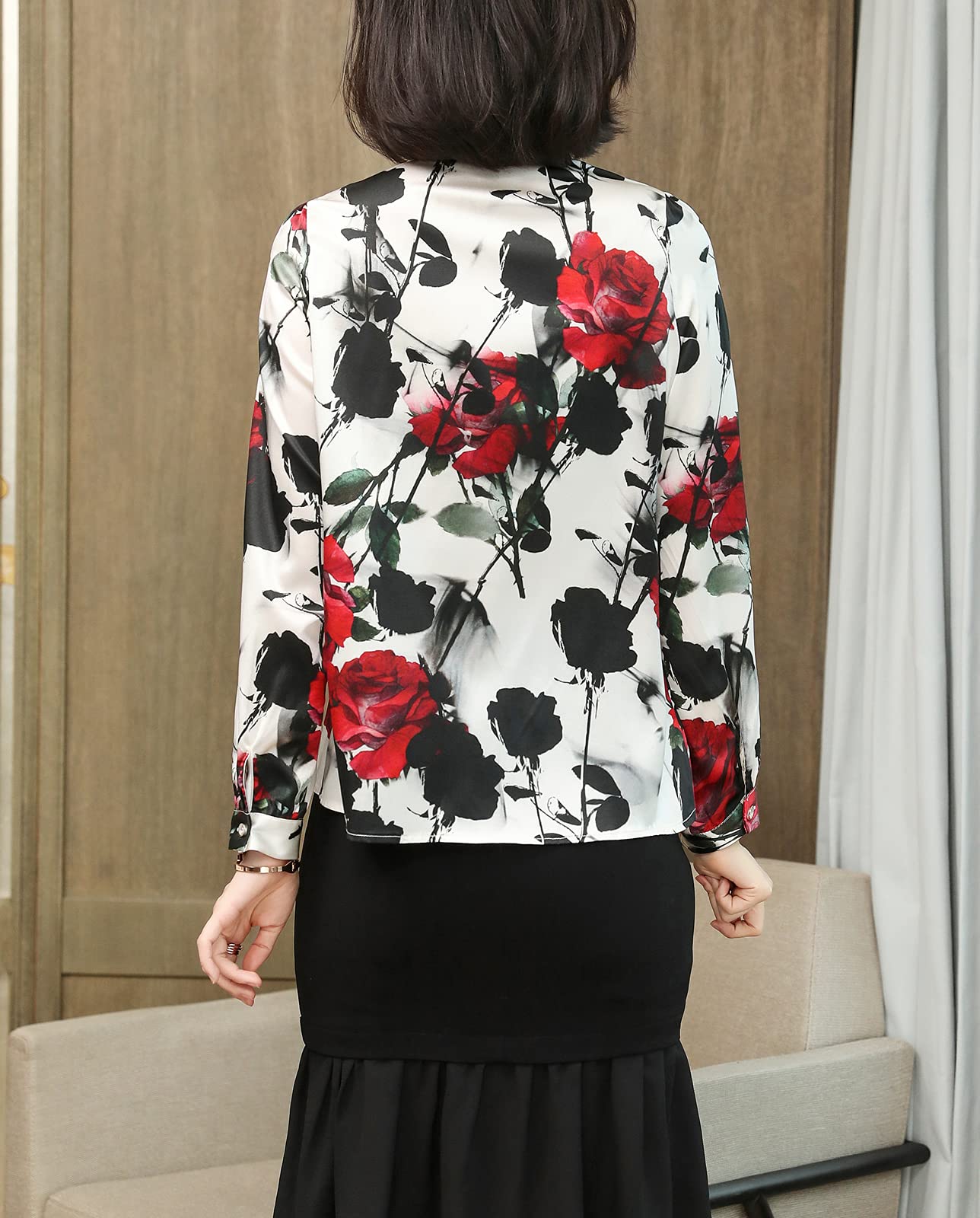 E-girl Blusa de seda para mujer con estampado de puente, blusa de manga larga para mujer, blusa de seda, S3512