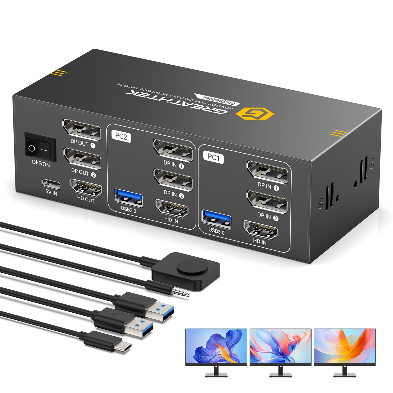 8K HDMI+Displayport KVM Switch 3 Monitors 2 Computers 8K@60H