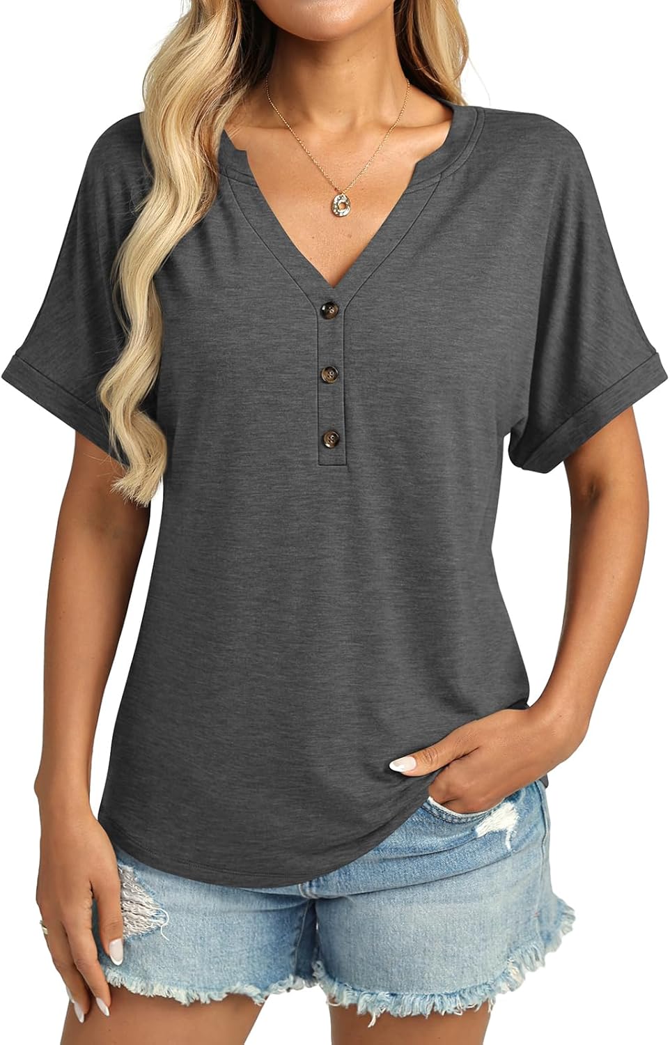 Womens Short Sleeve Shirts V Neck Summer Tops Casual T Shirts Basic Buttons Tees Loose - Image 2