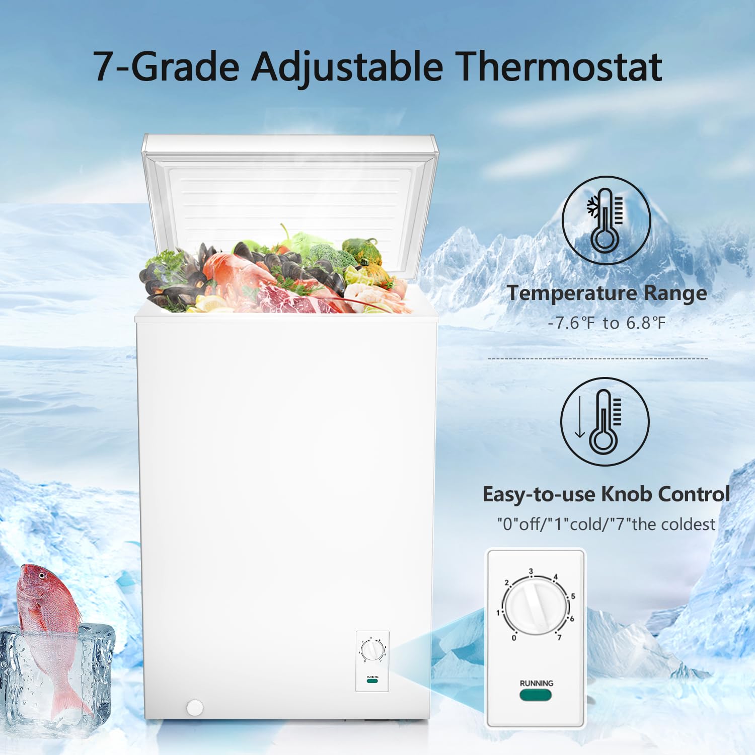 R.W.Flame Chest Freezer 2.8 Cubic Feet, Deep Freezer With Basket Adjustable Temperature, Energy Saving, Top Open Door Compact Freezer, White on Fridge.com - View 6