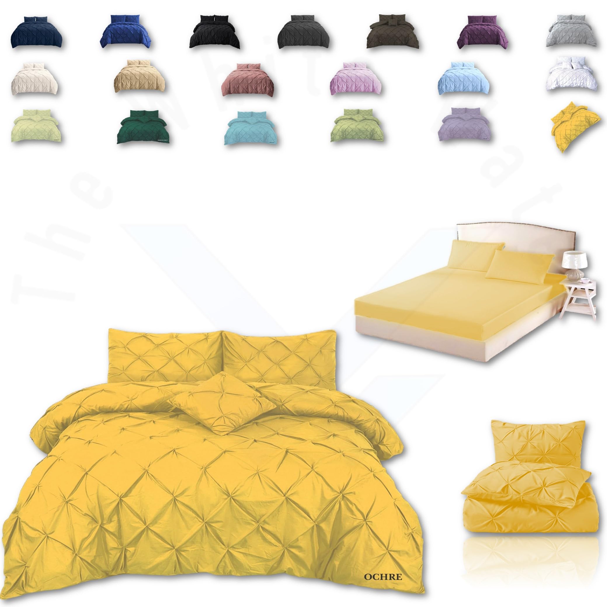 TheWhiteWater Duvet Set - 2/3 in 1 Bedding Set - Duvet Cover + Matching Pillowcases + Fitted Bed Sheets - NPolycotton Pintuck Cover (Ochre, 3 in 1 Bedding Set - King)