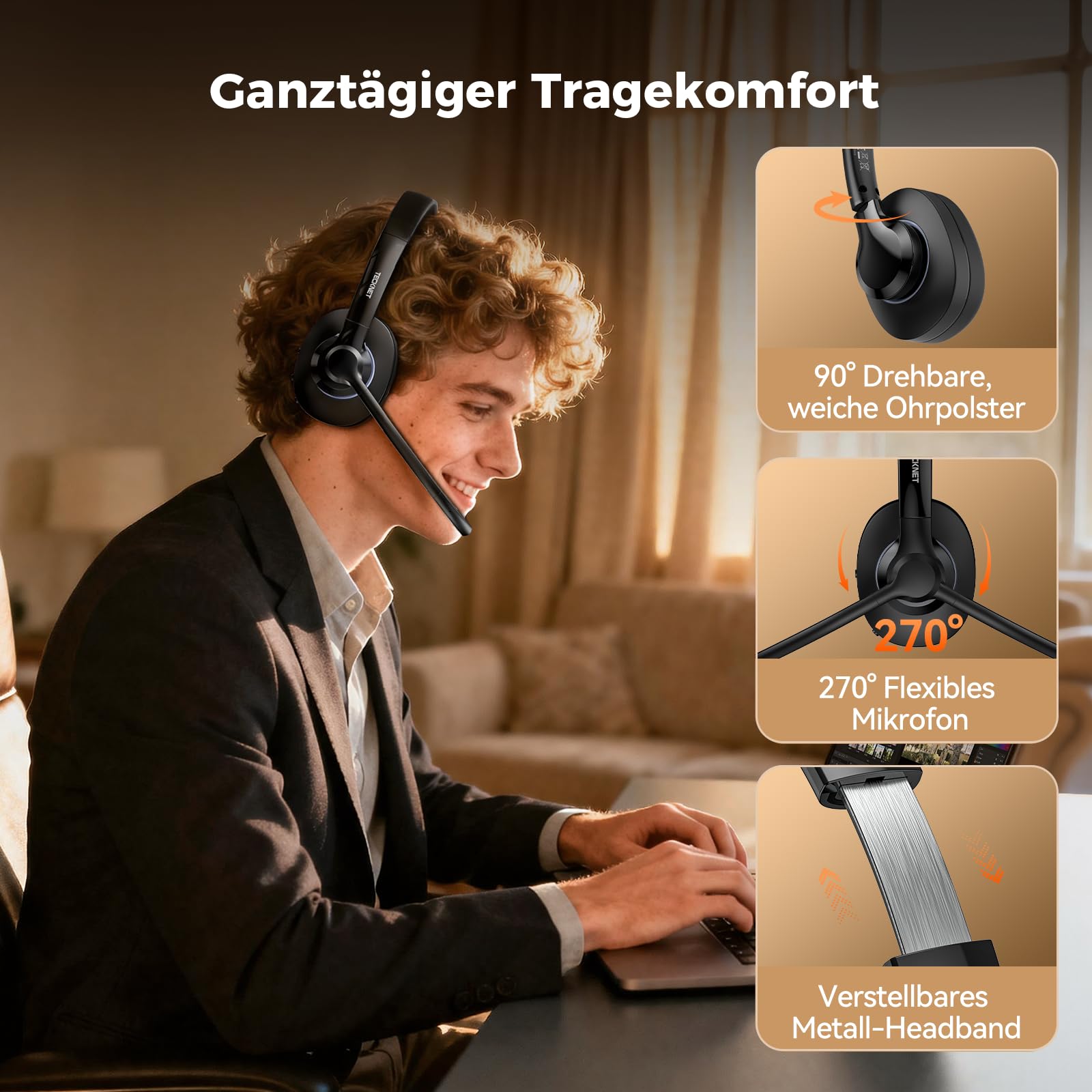 TECKNET V6.0 Bluetooth Headset mit Mikrofon,Wireless Headset mit AI Noise Cancelling Bluetooth Kabellos Kopfhörer PC On Ear mit USB-C Empfänger Büro/Trucker/Callcenter - 50+ Std. Akku