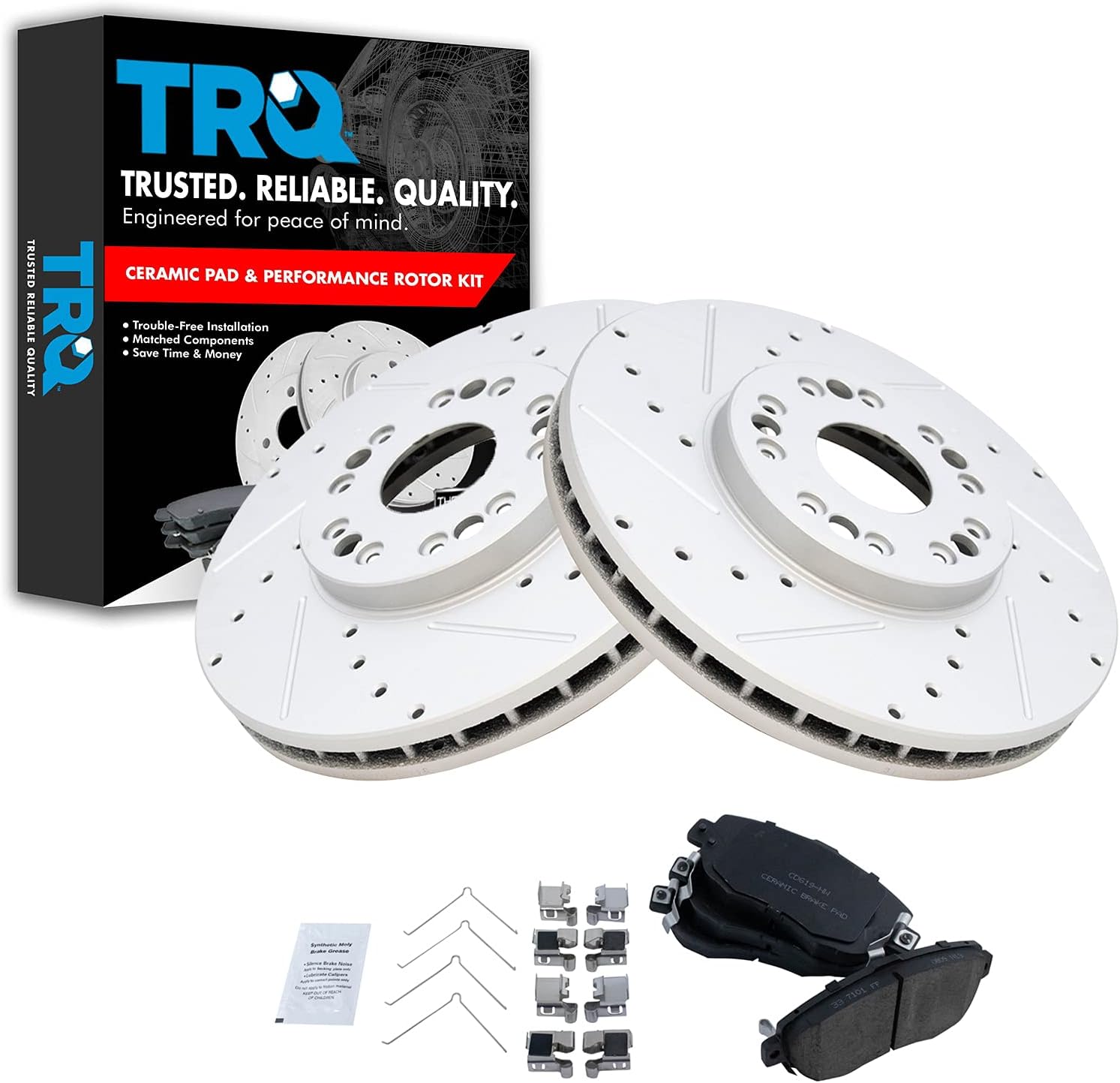 TRQ Front Performance Brake Pad & Rotor Kit Brake Pads Brake Rotors Set Ceramic Premium G-Coated Compatible with 1993-2005 Lexus GS300 1998-2000 GS400 2001-2005 GS430 IS300 2002-2010 SC430