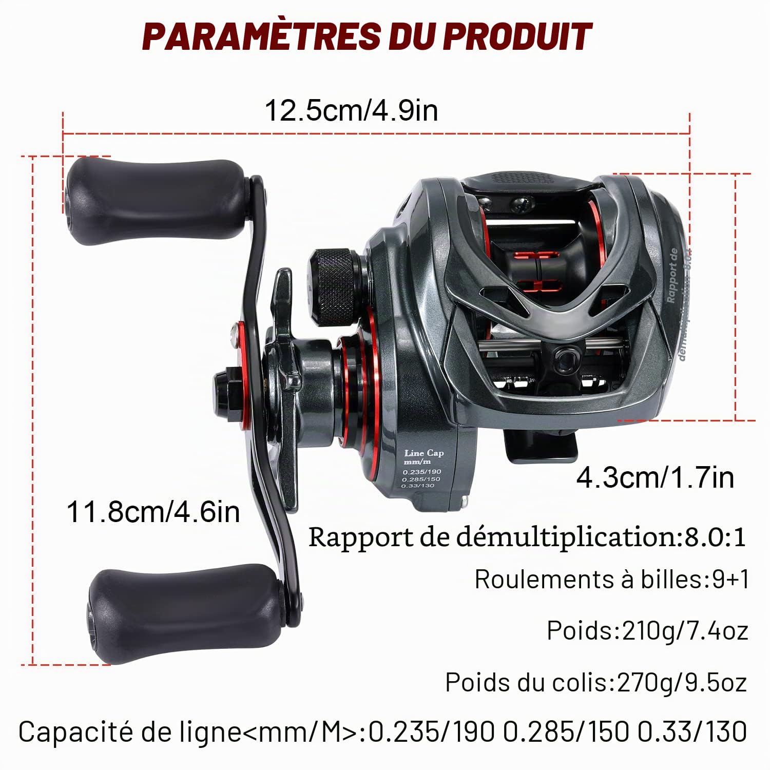 Sougayilang Max Baitcasting 8.0:1 Moulinet de pêche à haute vitesse 8,2 kg en fibre de carbone avec système de freinage magnétique pour pêche en eau douce et salée