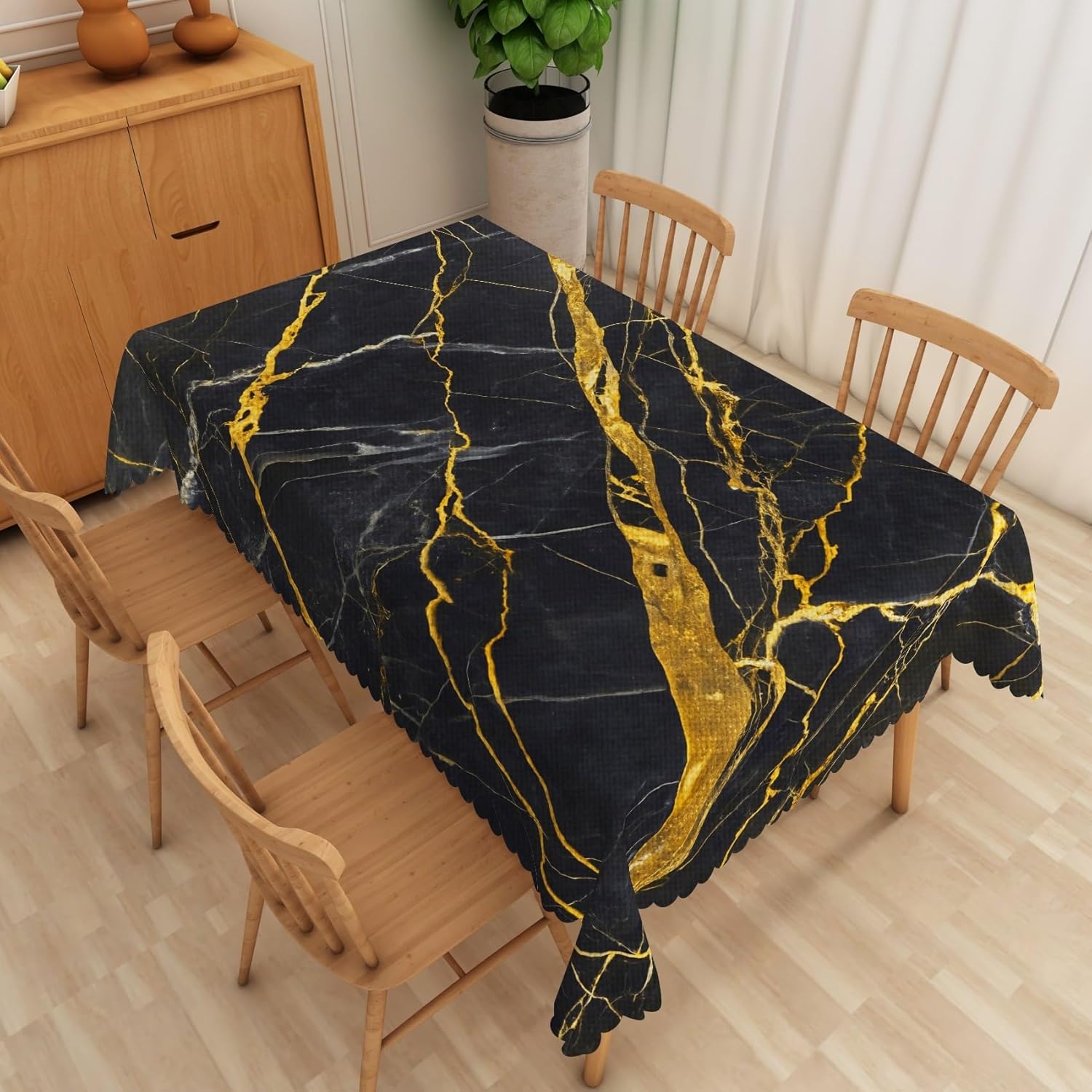Black Gold Marble Tablecloth Modern Abstract Golden Line Art Texture Rectangle Linen Washable Table Cloth for Contemporary Luxury Kitchen Dining Room Home Decoration, 54x96 Inch