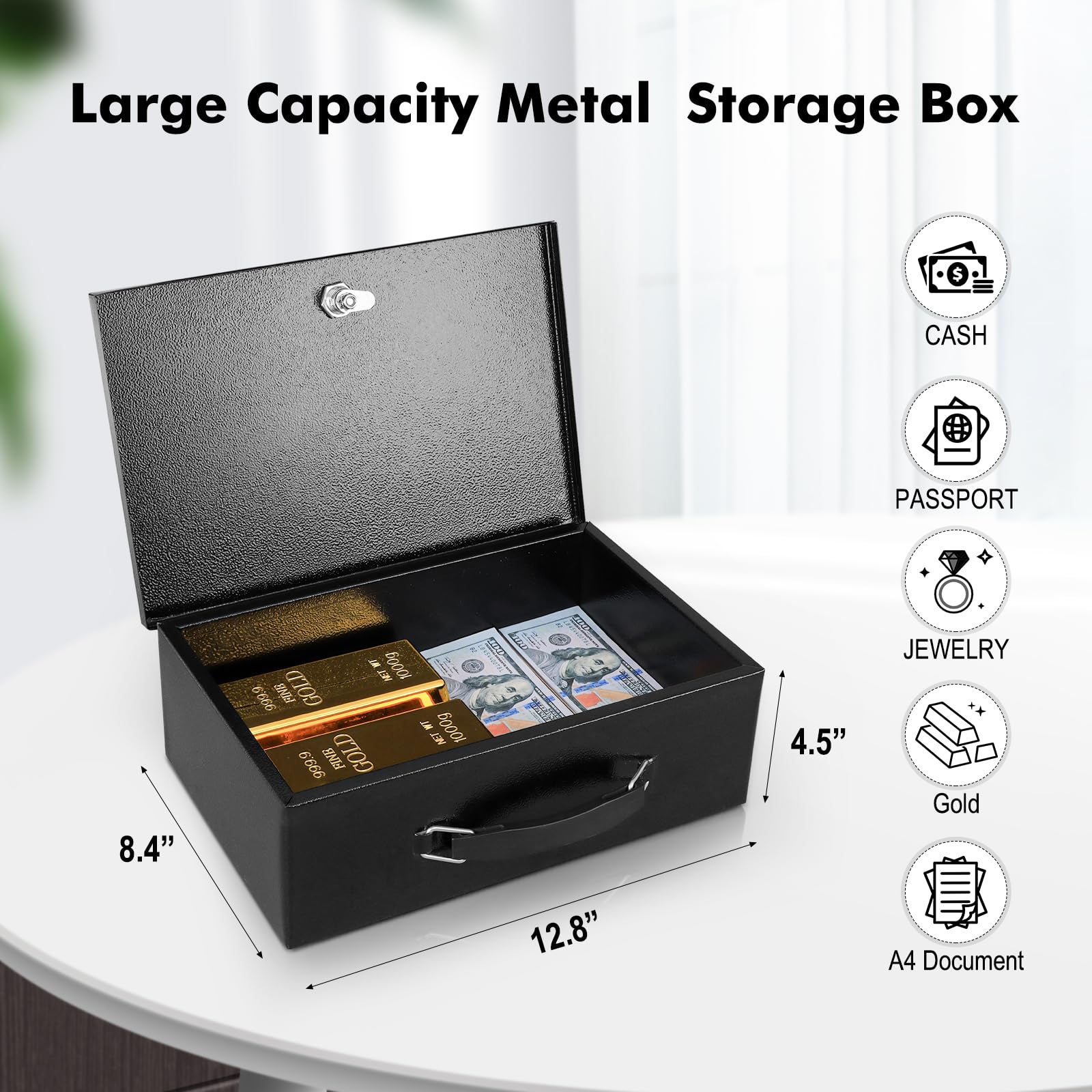 KYODOLED Fireproof Document Box with Key Lock,Safe Storage Box for Valuables,Fire Resistance Security Chest,Fireproof Box for Documents,Passport,Cash,Tablet 12.8'' x 8.4'' x 4.5'' Black