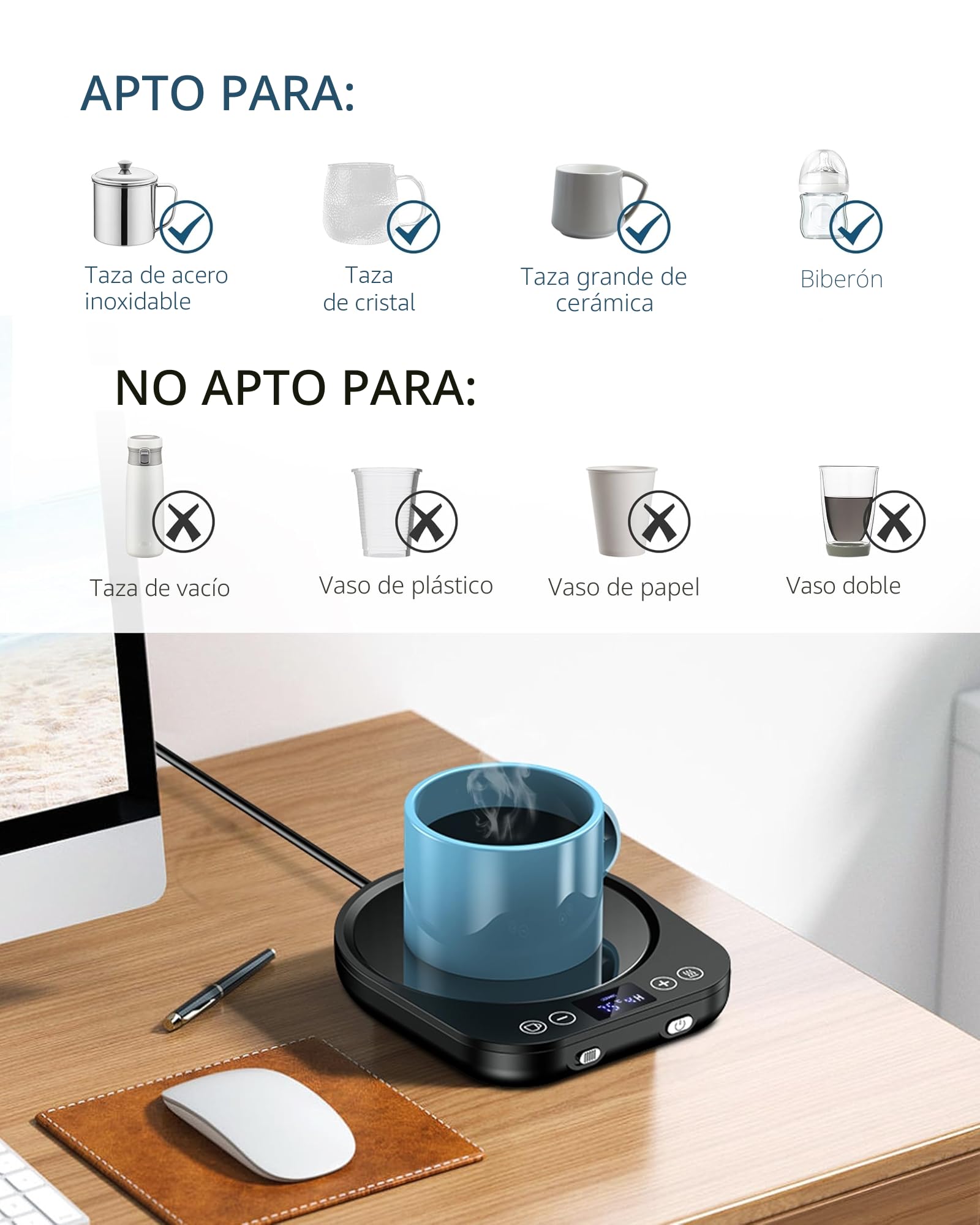 Accwork Calentador de Taza Café, Calentador de Bebidas Calienta Leche, Té con 3 Modos de Temperatura hasta 85℃ Apagado Automático, Calentador de Café para Oficina, Hogar