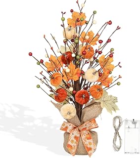 Fall Pumpkins Maple Tree with Lights, 20 Inch Lighted Fall Decorations for Table Mantel, Autumn Thanksgiving Harvest Pumpkins Decorations for Home Office, Autumn Decor Gifts